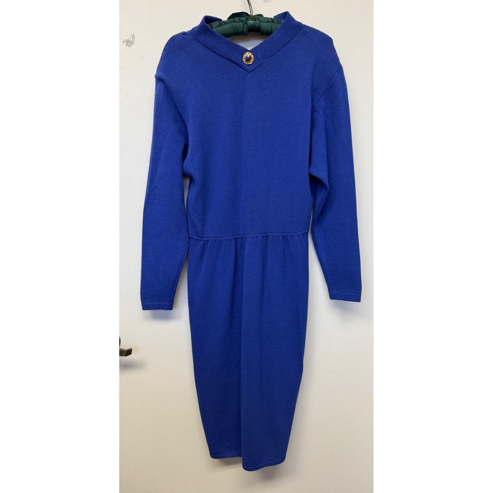 St. John by Marie Gray Vintage 80s Royal Blue Knit Dress Shoulder Pads Size 12